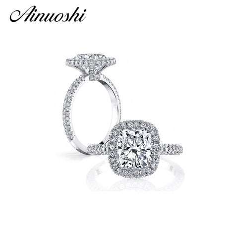 AINOUSHI Luxury 3 Carat Cushion Cut Halo Ring Finger SONA 925 Sterling Silver Engagement Wedding Band Ring for Women
