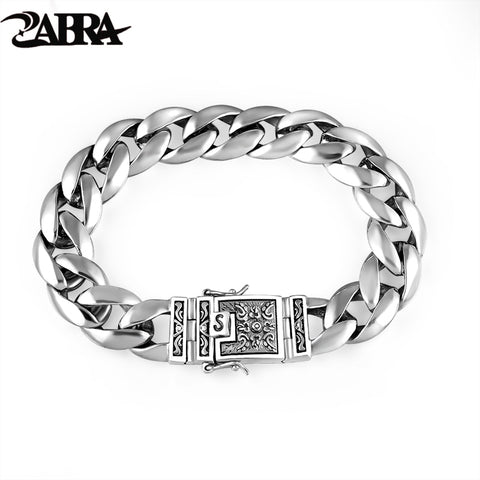 ZABRA Real 925 Silver Men's Bracelet 12mm Wide Smooth Flower Safe Lock High Polish Link Chain Male Biker Silver Bracelet