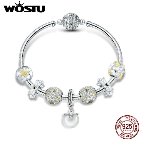 WOSTU Genuine 925 Sterling Silver Dazzling Full Bloom Daisy Charm Bracelet For Women Fashion Silver Jewelry Lover Gift CQB806