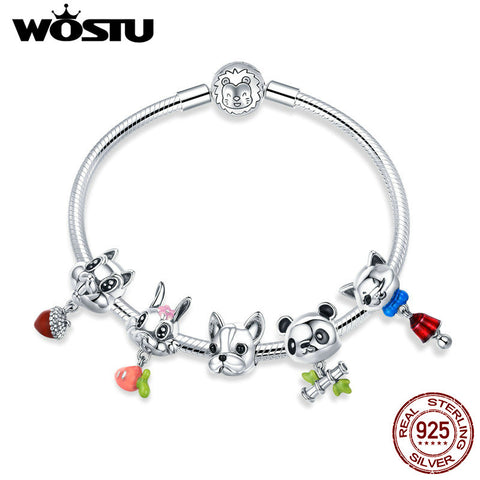 WOSTU Real 925 Sterling Silver Lovely Animal Rabbit Dog Panda Charm Bracelet For Women Girl Fashion Cute Jewelry Gift CQB808
