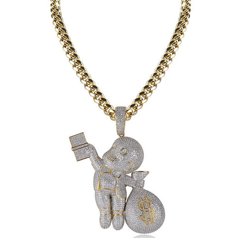 Fashion AAA CZ Gold Dollar Gangster Kid Little Richgang Iced Out Pendant Necklace Hip Hop Jewelry Statement Necklaces Man Gifts