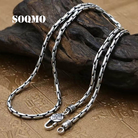 SOQMO Women Men Necklace 100% Real 925 Sterling Silver 3mm Thick Buddhist Heart Sutra Bamboo chain Pendant Necklace jewelry