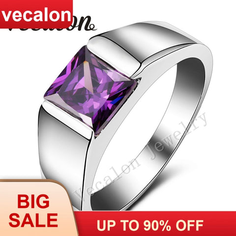Vecalon Male Jewelry Princess Cut 4ct purple Cz 925 Sterling Silver Engagement wedding Band ring for Men Sz 8-12