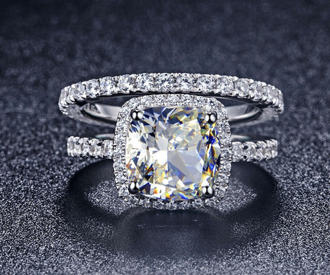 TRS008 Luxury Quality NSCD Synthetic  Gem 3 Carat Cushion Cut Engagement Wedding Ring Set For Women,Bridal Set