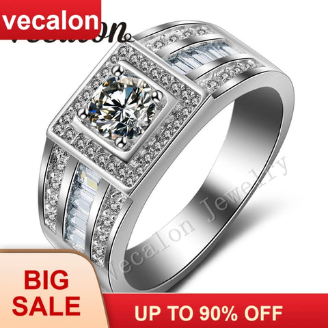 Vecalon Men Engagement Band Solitaire 1ct Cz AAAAA Zircon stone 10KT White Gold Filled Wedding Ring for Men Sz 7-13