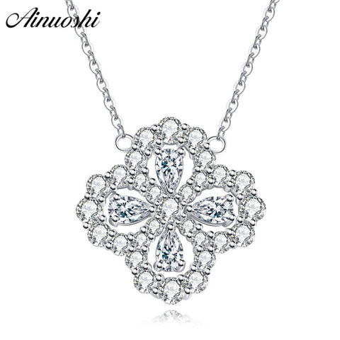 AINUOSHI Luxury 925 Sterling Silver Pendant Necklace for Women Four Leaves Long Chain Necklace Wedding Jewelry collar de plata