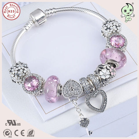 High Quality European Popular Shinning Pink Murano Charm Series 925 Real Silver Charm Bracelet For Girls